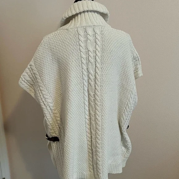 Talbots winter white poncho style sweater, like new, brown buckle trim, - Picture 2 of 8